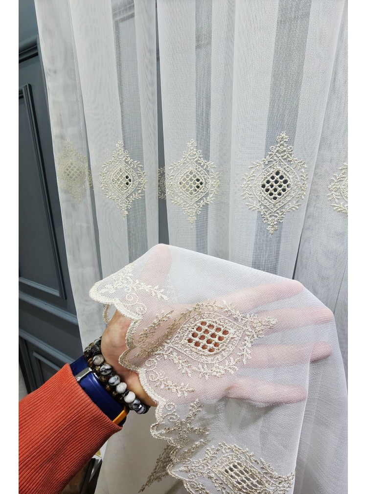 Gold Altın Bohre Damask  işlemeli Salon Model Tasarım Tül perde